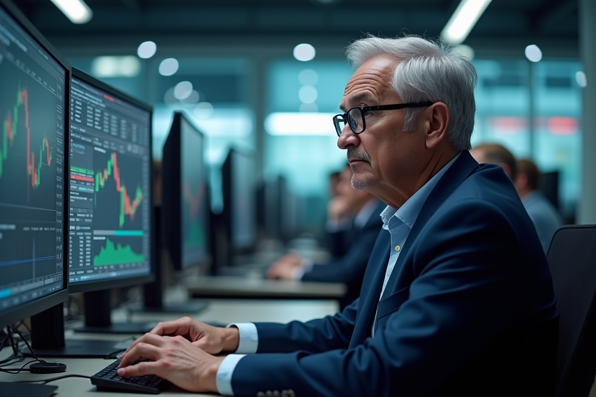 Analyste financier seul devant ses écrans de marché