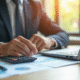 Jeune professionnel analysant documents financiers avec ordinateur
