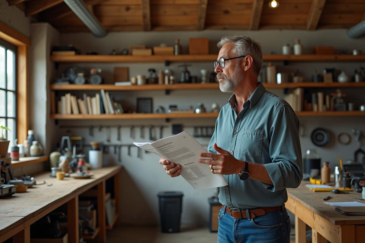 Homme entrepreneur expliquant dans un atelier artisanal