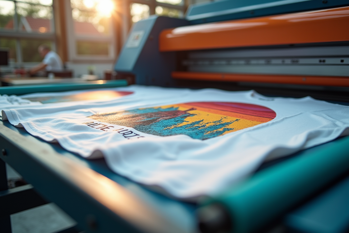Processus d'impression DTF sur t-shirt blanc en atelier lumineux