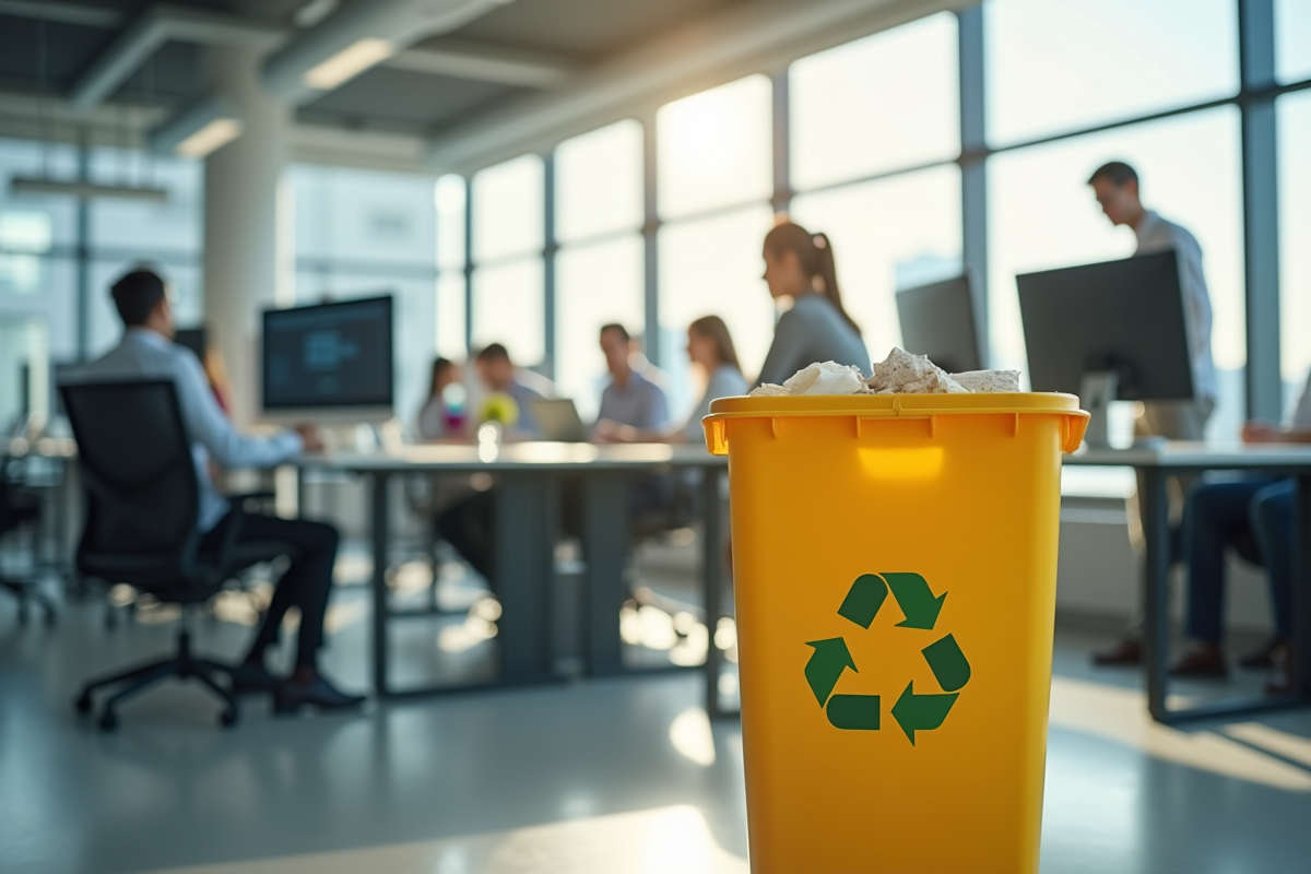 Espace de bureau moderne avec poubelles de tri écologique
