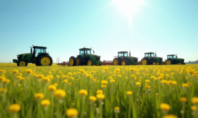 Champ ensoleille avec tracteurs et fleurs sauvages vertes