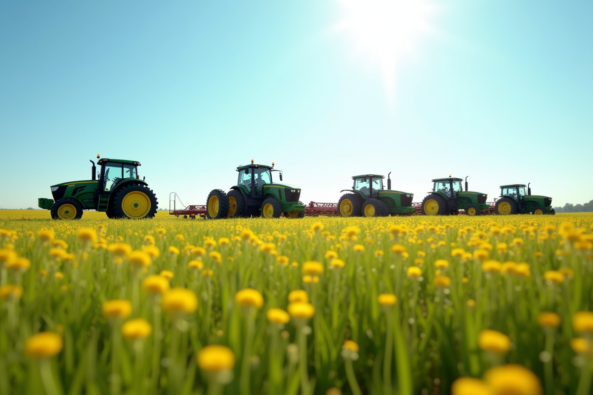 Champ ensoleille avec tracteurs et fleurs sauvages vertes