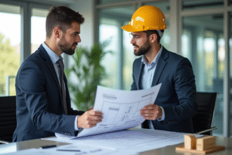 Chef d'affaires confiant dans un bureau moderne avec plans et documents