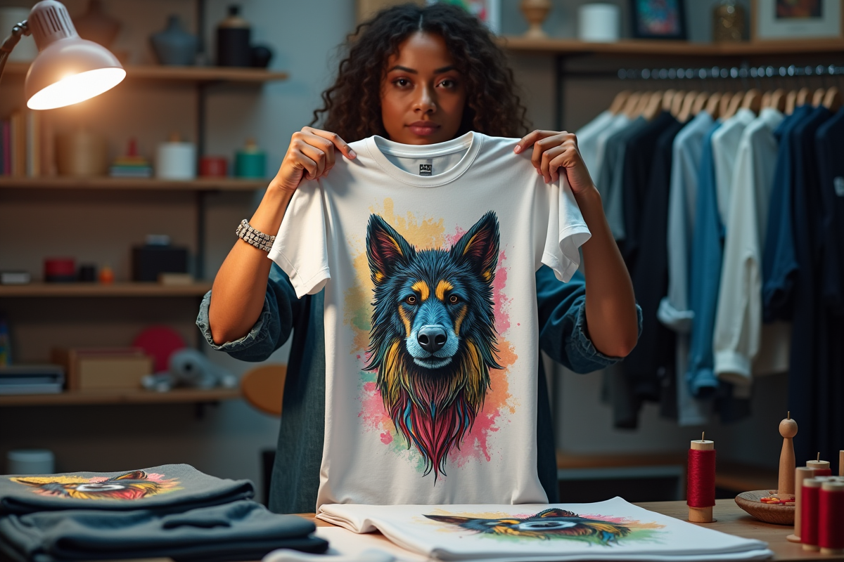 Créatrice montrant un t-shirt imprimé avec design coloré détaillé