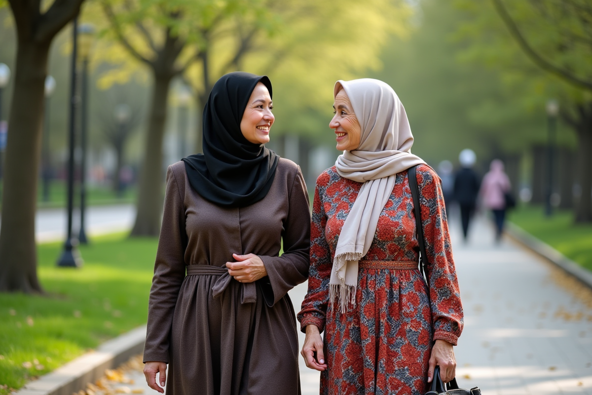 Deux femmes âgées discutant dans un parc urbain