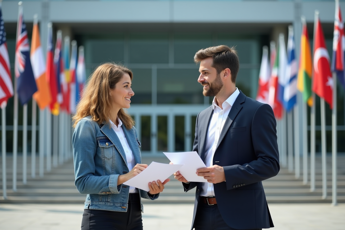 Deux personnes discutant devant des drapeaux internationaux