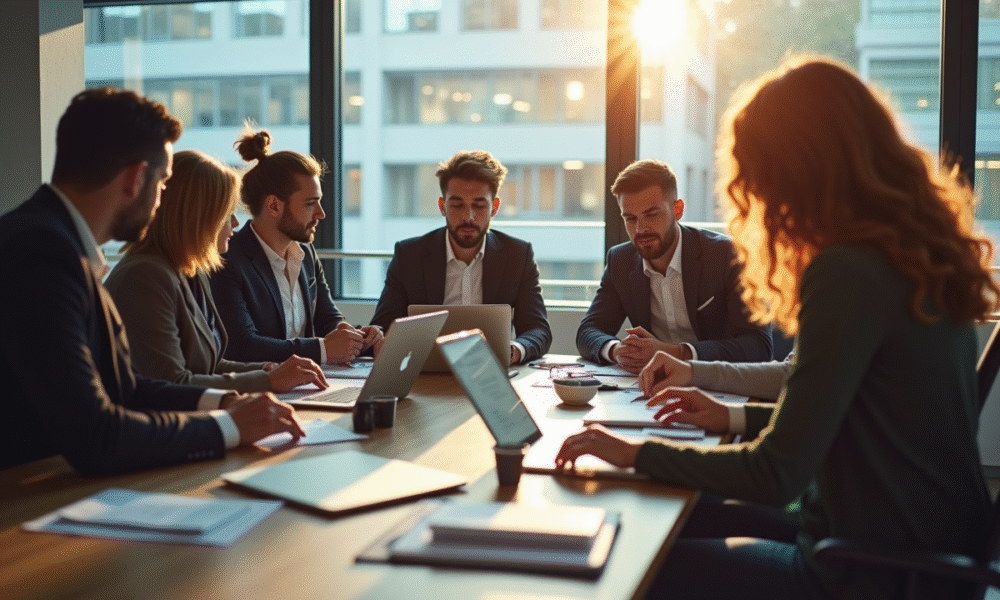 Équipe diversifiée en réunion dans un bureau moderne