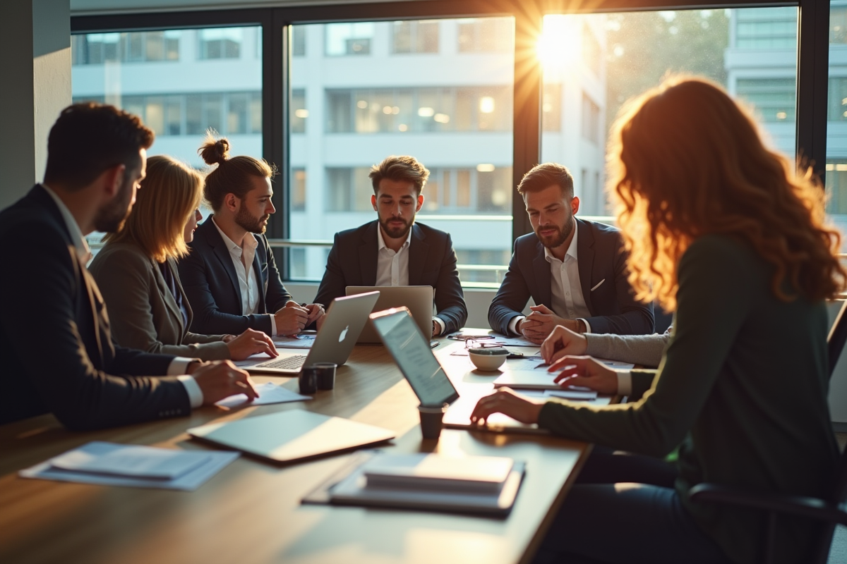 Équipe diversifiée en réunion dans un bureau moderne