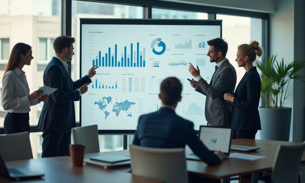 Groupe de professionnels discutant de données dans un bureau lumineux
