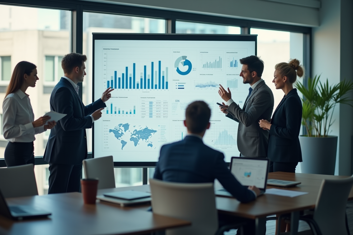 Groupe de professionnels discutant de données dans un bureau lumineux