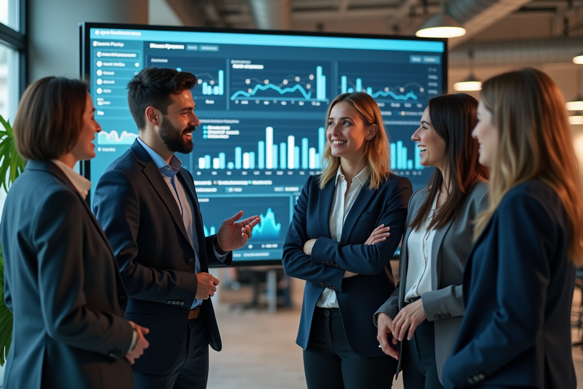 Jeune équipe diversifiée discutant devant un écran digital