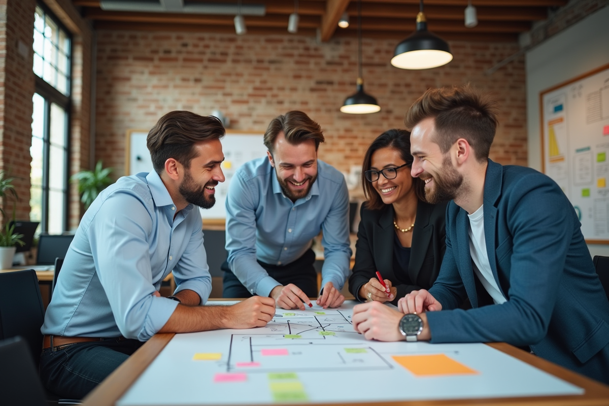 Groupe de professionnels discutant autour d