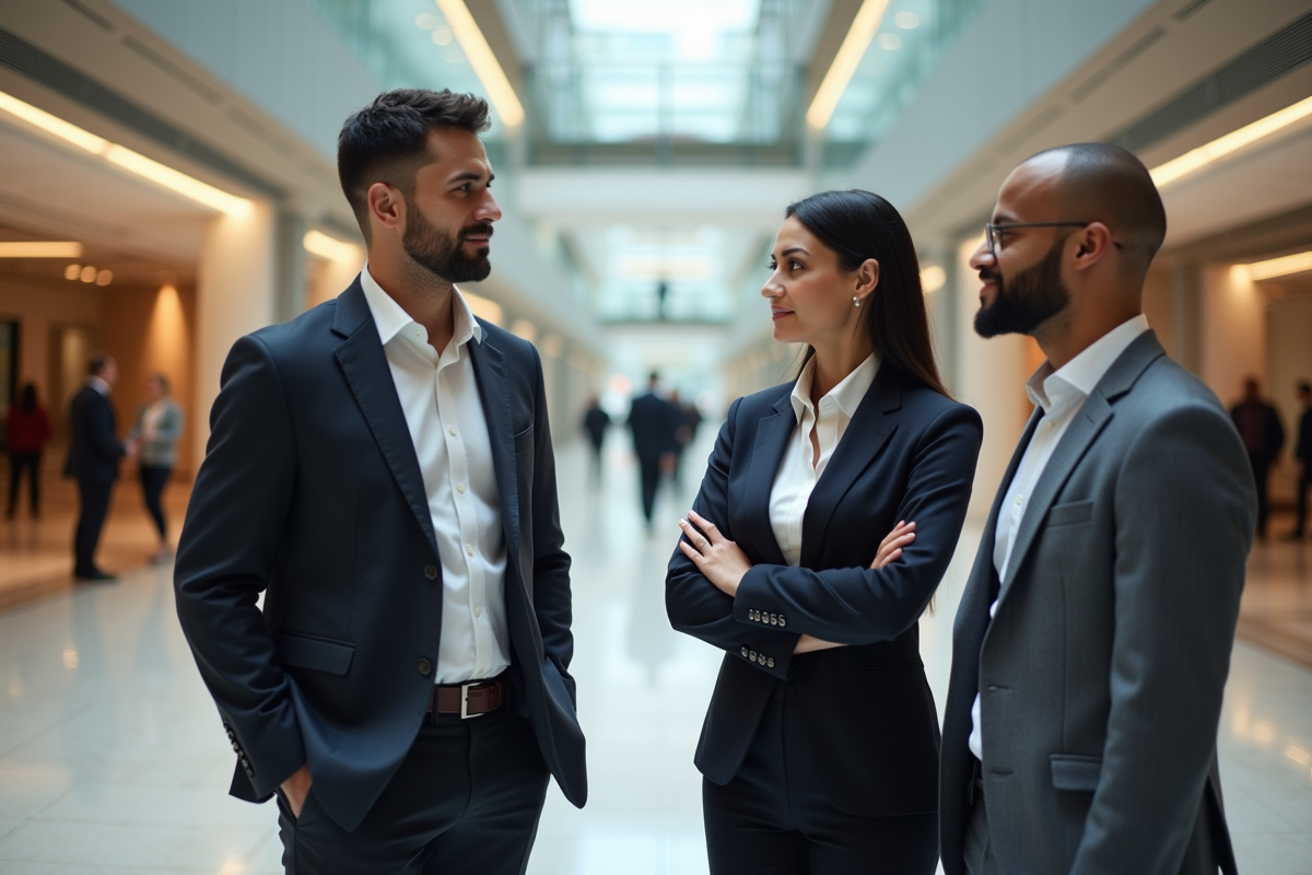 Groupe de professionnels en discussion dans un atrium moderne