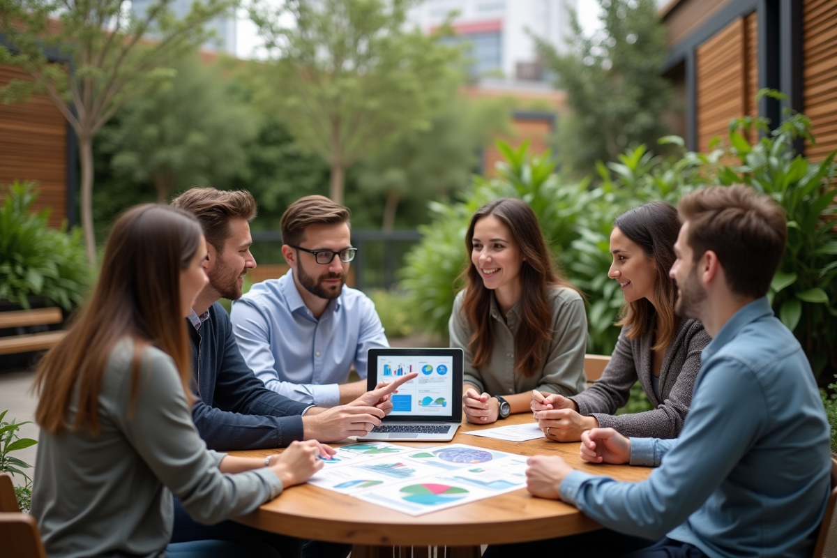Groupe diversifié discutant stratégie ESG en extérieur dans un jardin