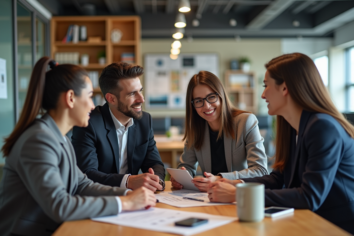 Groupe de jeunes professionnels discutant marketing dans un bureau moderne