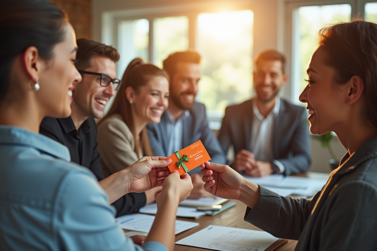 Groupe de collègues souriants échangeant des cartes cadeaux dans un bureau lumineux