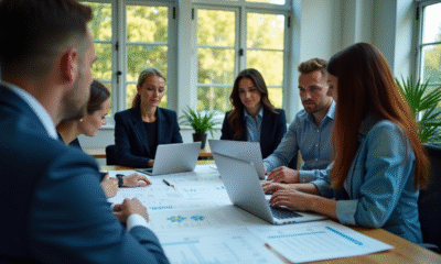 Équipe diversifiée analysant diagrammes ERP en réunion