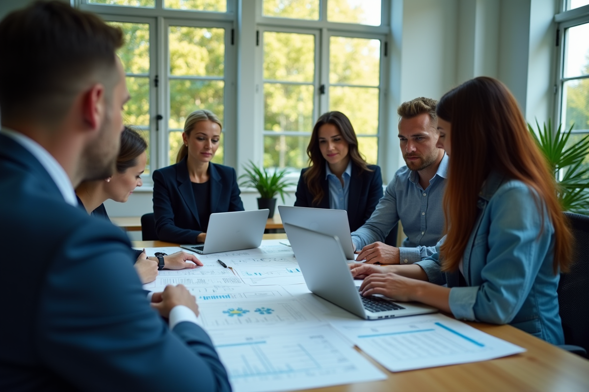 Équipe diversifiée analysant diagrammes ERP en réunion