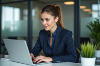 Femme d'affaires en costume bleu analysant des données numériques