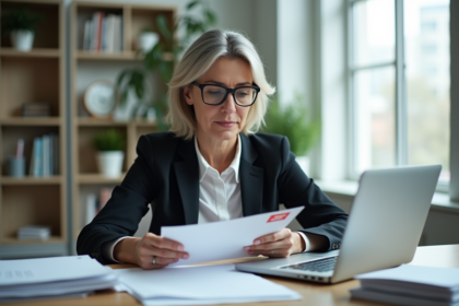 Femme d'affaires lisant un document officiel dans un bureau moderne