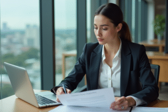 Jeune femme d'affaires examine des documents juridiques