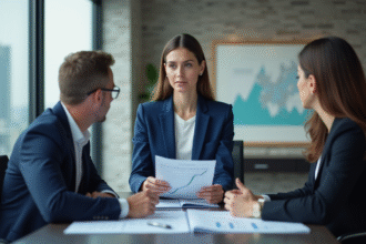 Femme d'affaires en costume bleu présente des documents