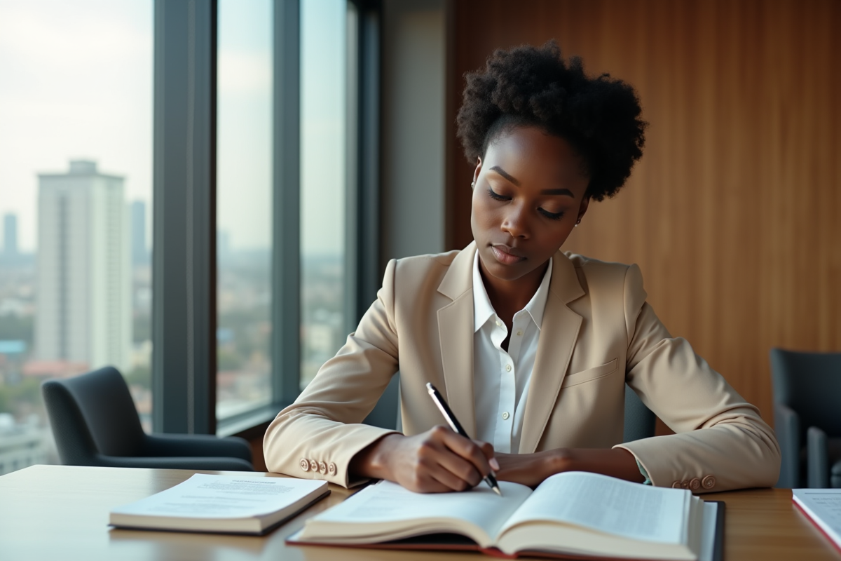 Jeune femme africaine prenant des notes en comptabilite