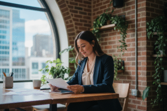 Femme d'origine mixte au bureau analysant documents