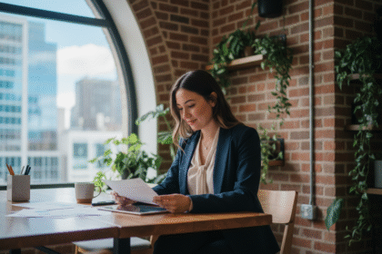 Femme d'origine mixte au bureau analysant documents