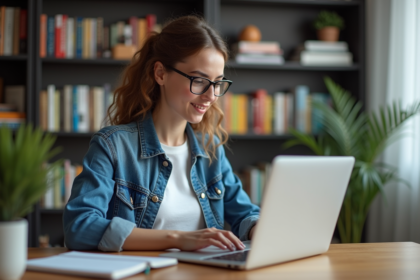 Jeune femme au bureau organisant ses contenus vidéo