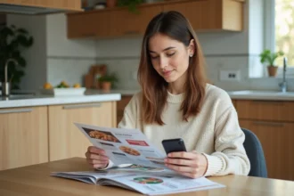 Femme décontractée examine des flyers dans une cuisine lumineuse