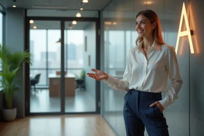 Femme confiante devant un logo moderne dans un bureau