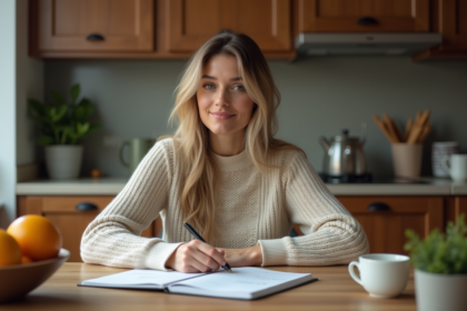 Femme assise à la cuisine note dans un carnet moderne