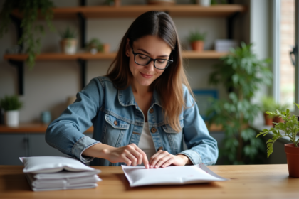 Femme emballant un colis Mondial Relay dans une cuisine chaleureuse