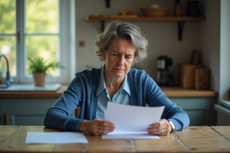Femme inquiète lisant une lettre de Pôle Emploi à la maison