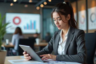 Jeune femme professionnelle analysant des graphiques marketing