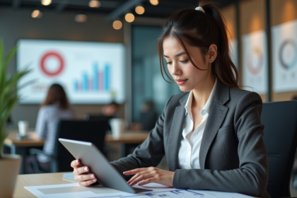 Jeune femme professionnelle analysant des graphiques marketing