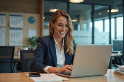 Femme d'affaires utilisant logiciel de planning au bureau