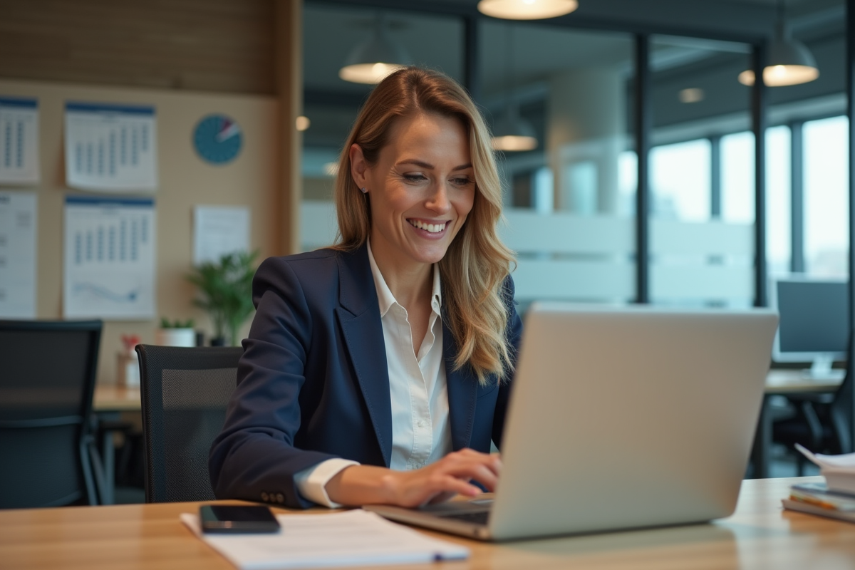 Femme d'affaires utilisant logiciel de planning au bureau
