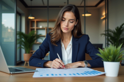 Femme en blazer analysant un graphique dans un bureau moderne