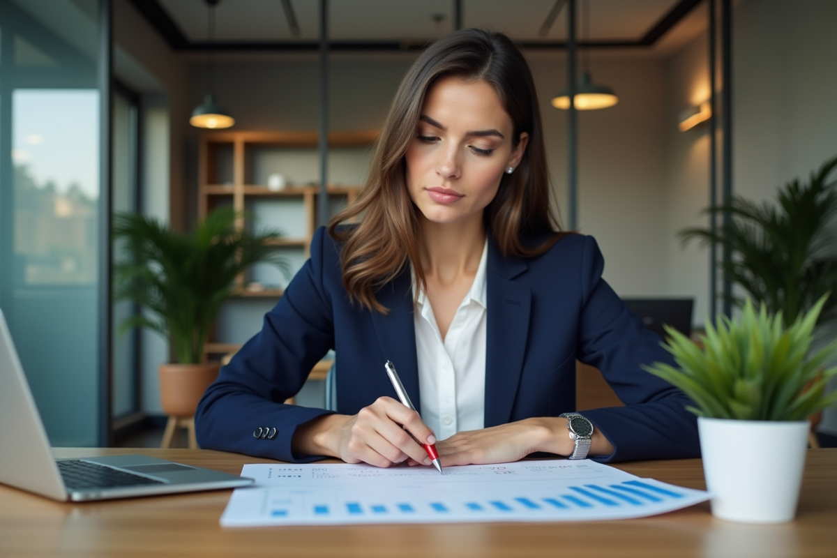 Femme en blazer analysant un graphique dans un bureau moderne