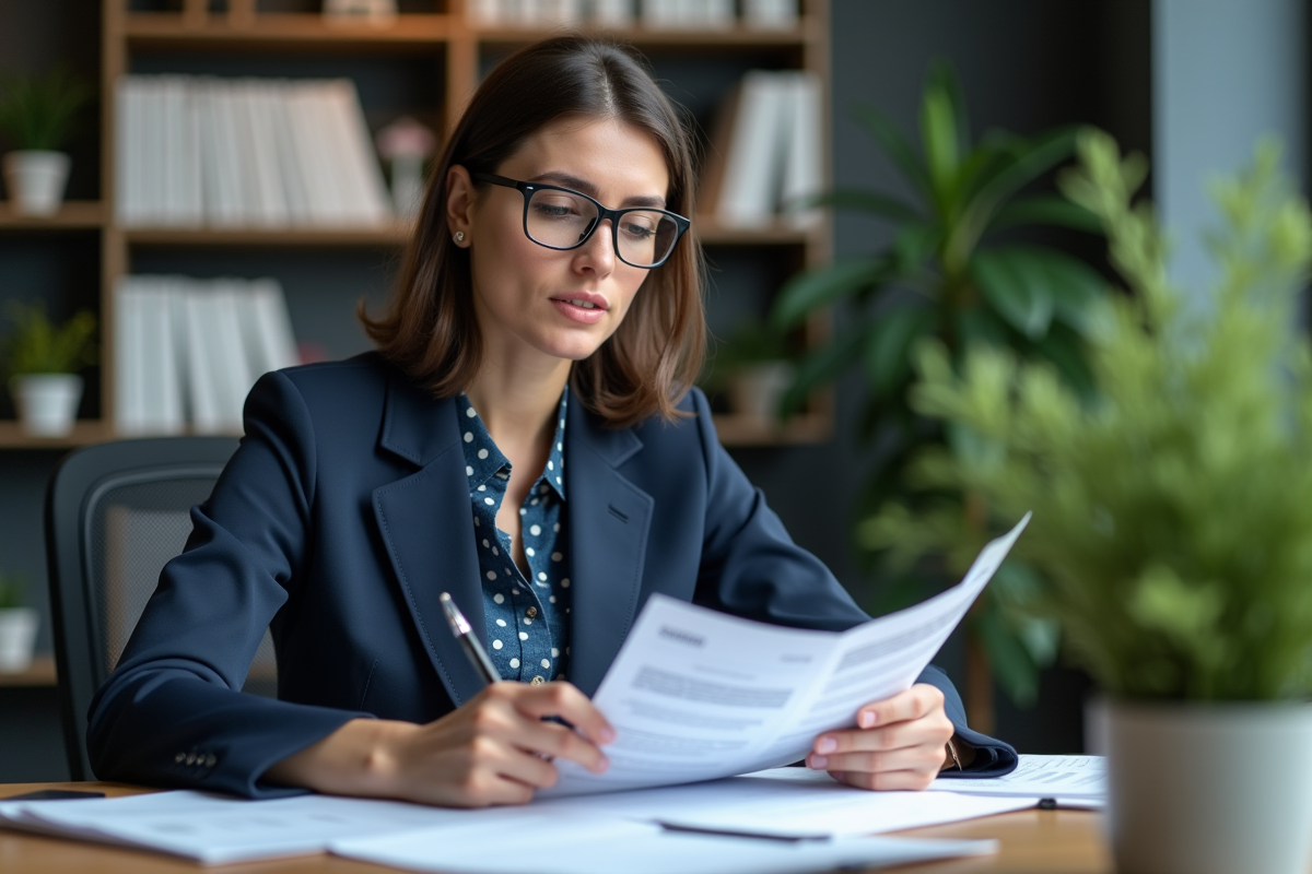 Femme en costume bleu examinant des rapports ESG dans un bureau moderne