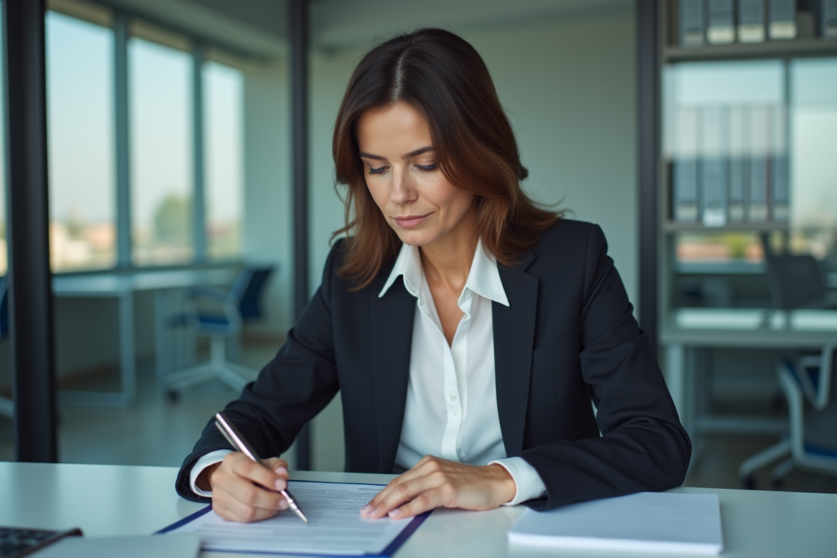 Femme en blazer examine un contrat au bureau