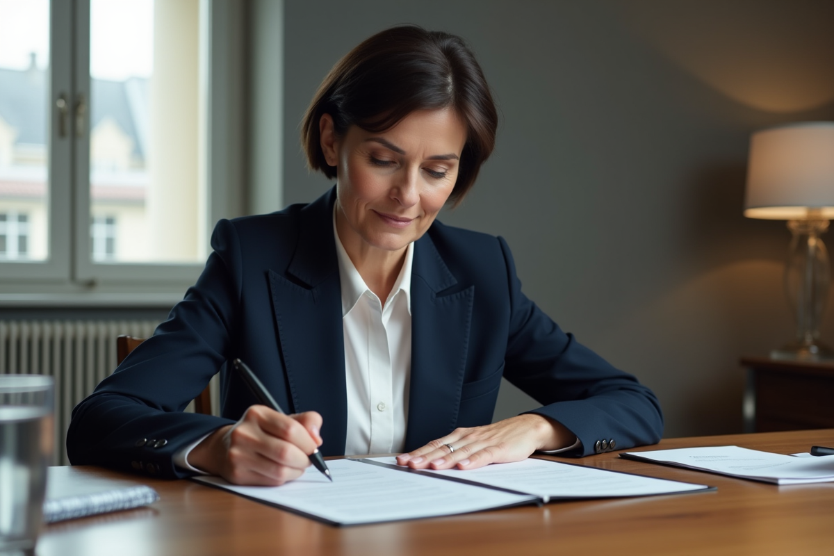 Femme d'âge moyen signant un document dans un bureau moderne