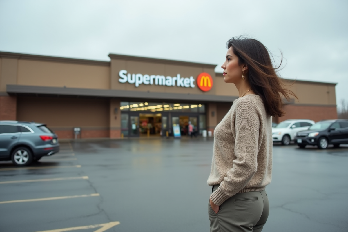 Femme contemplative dans un parking de supermarché