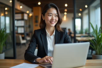 Jeune femme en coworking lors d'une visioconference