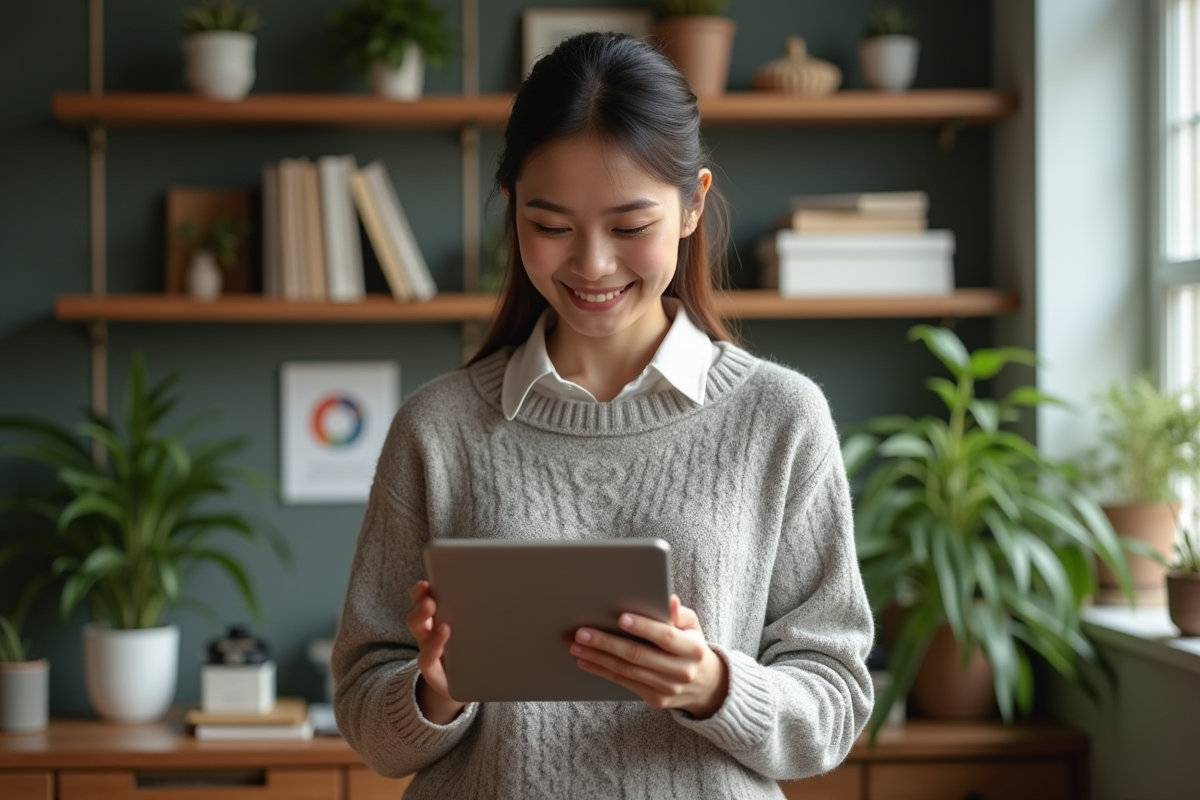 Femme souriante utilisant une tablette dans un espace de travail