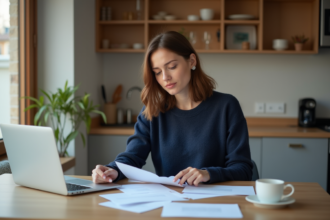 Femme en cuisine triant des papiers et lettres officielles
