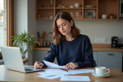 Femme en cuisine triant des papiers et lettres officielles